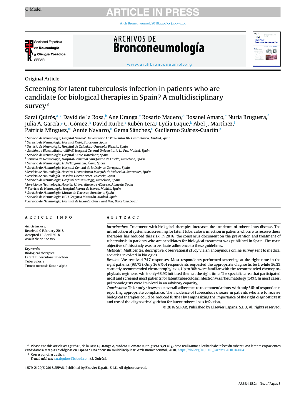 Screening for latent tuberculosis infection in patients who are candidate for biological therapies in Spain? A multidisciplinary survey