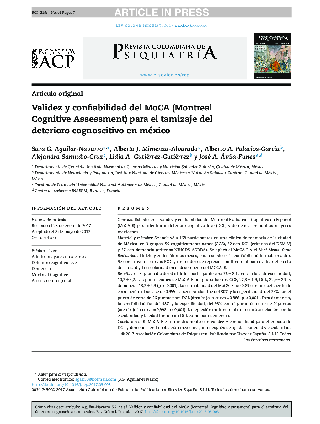 Validez y confiabilidad del MoCA (Montreal Cognitive Assessment) para el tamizaje del deterioro cognoscitivo en méxico