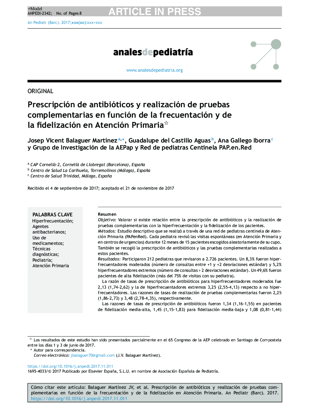 Prescripción de antibióticos y realización de pruebas complementarias en función de la frecuentación y de la fidelización en Atención Primaria