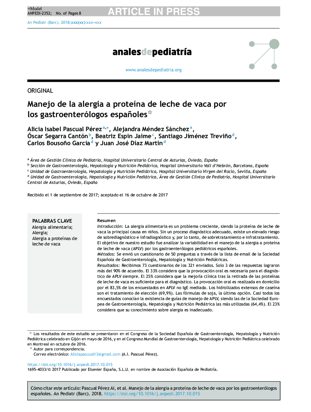 Manejo de la alergia a proteÃ­na de leche de vaca por los gastroenterólogos españoles