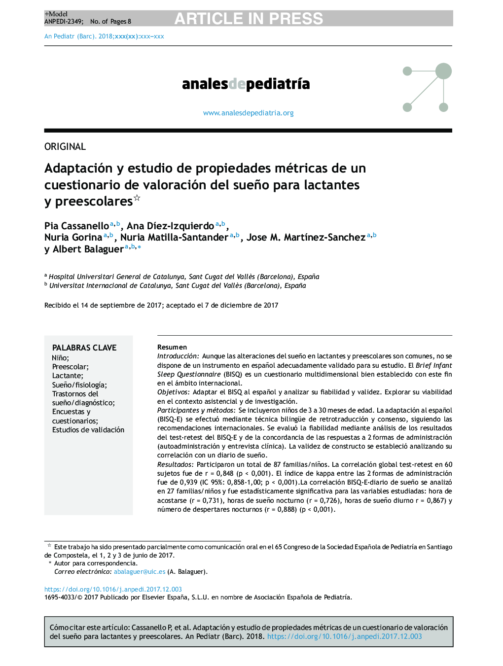 Adaptación y estudio de propiedades métricas de un cuestionario de valoración del sueño para lactantes y preescolares