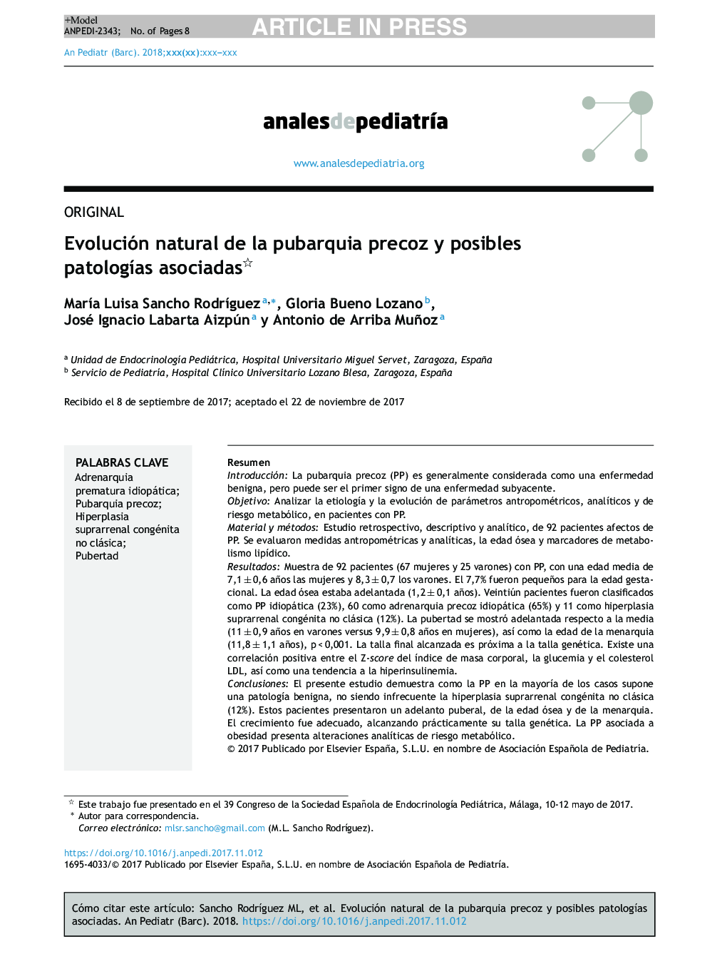 Evolución natural de la pubarquia precoz y posibles patologÃ­as asociadas