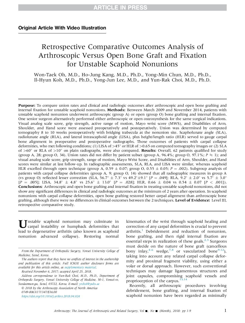 Retrospective Comparative Outcomes Analysis of Arthroscopic Versus Open Bone Graft and Fixation for Unstable Scaphoid Nonunions