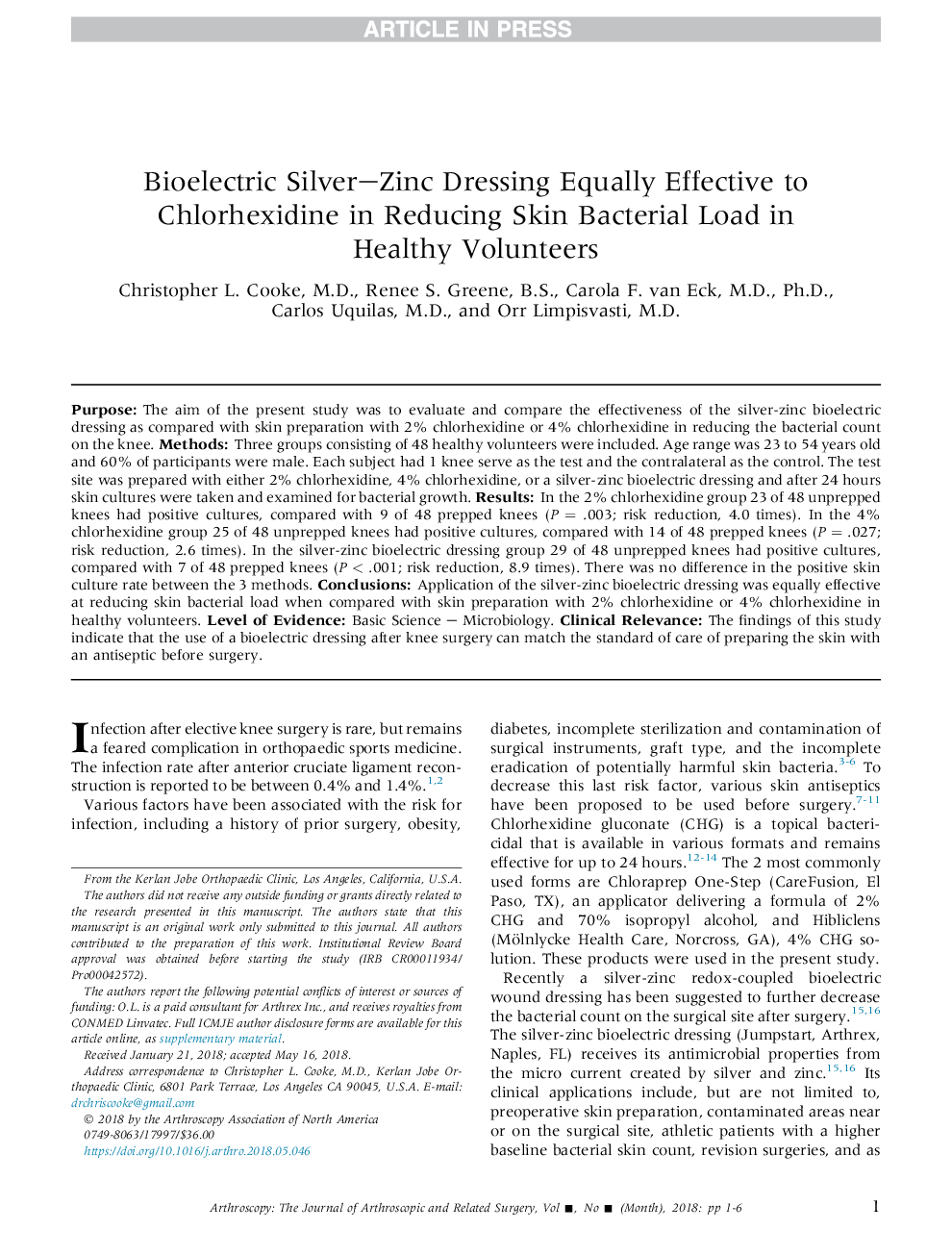 Bioelectric Silver-Zinc Dressing Equally Effective to Chlorhexidine in Reducing Skin Bacterial Load in Healthy Volunteers