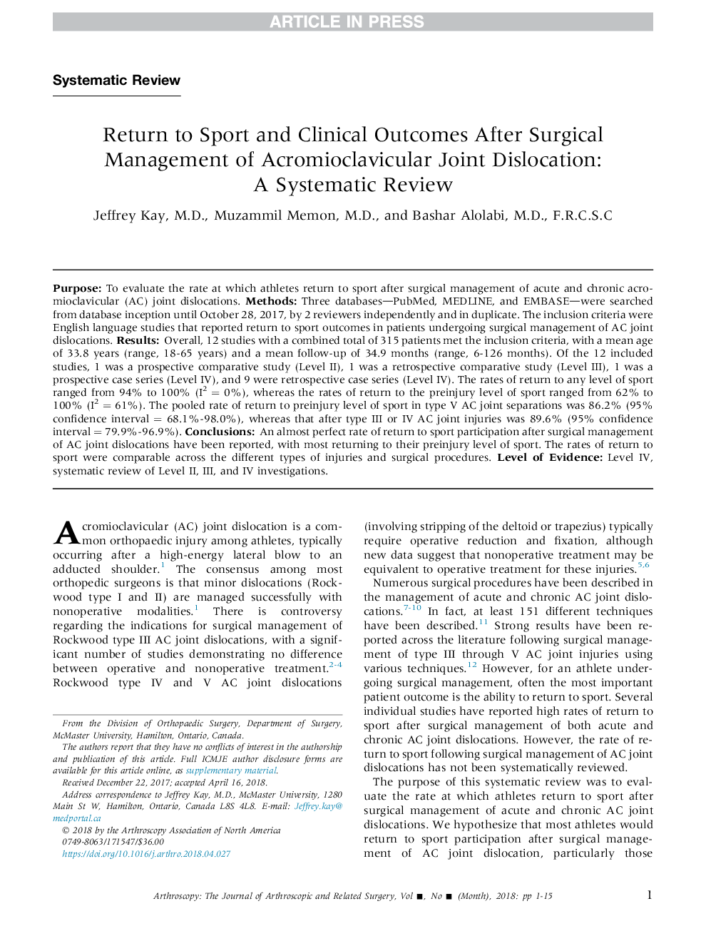 Return to Sport and Clinical Outcomes After Surgical Management of Acromioclavicular Joint Dislocation: A Systematic Review