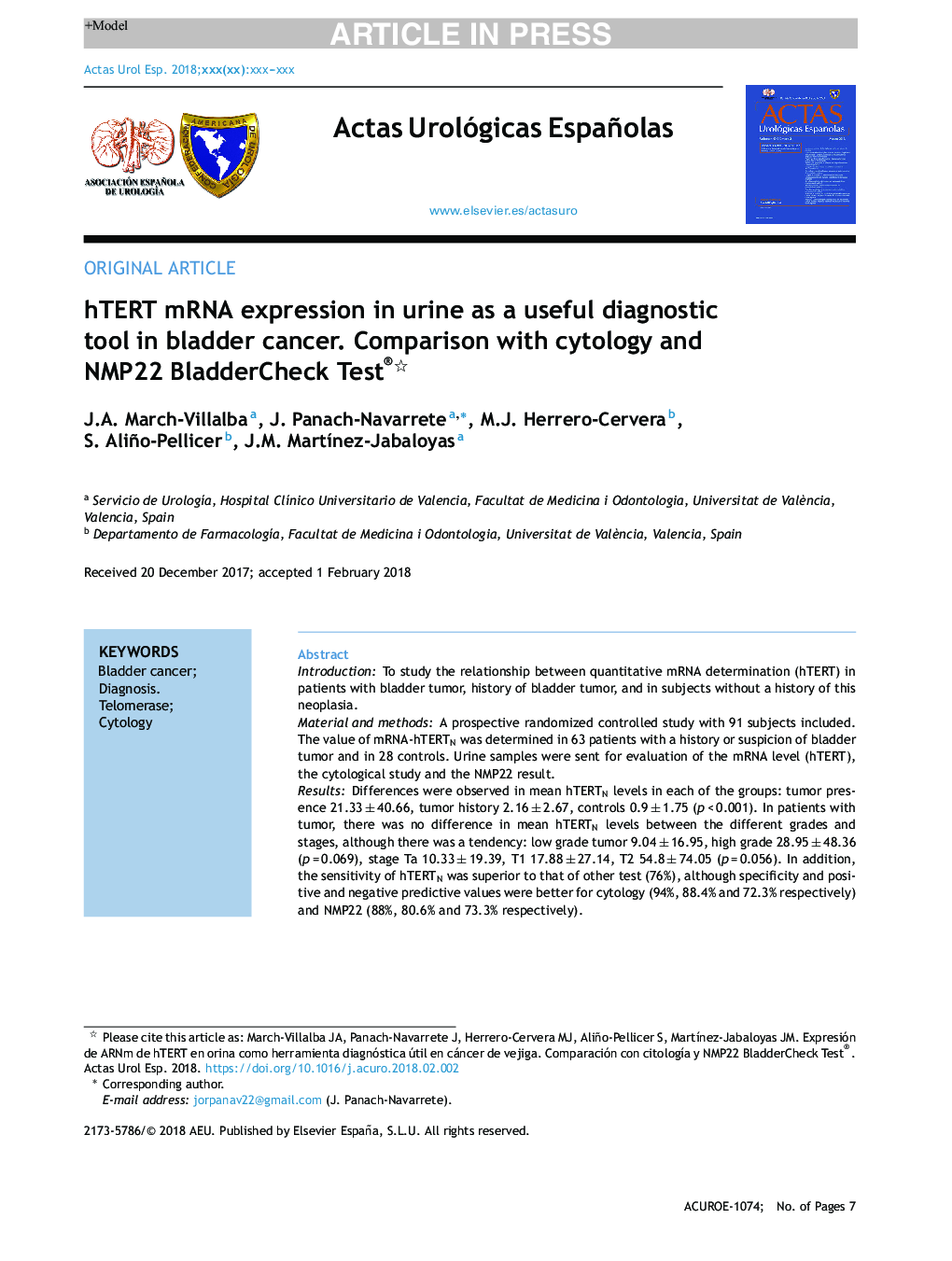 hTERT mRNA expression in urine as a useful diagnostic tool in bladder cancer. Comparison with cytology and NMP22 BladderCheck Test®