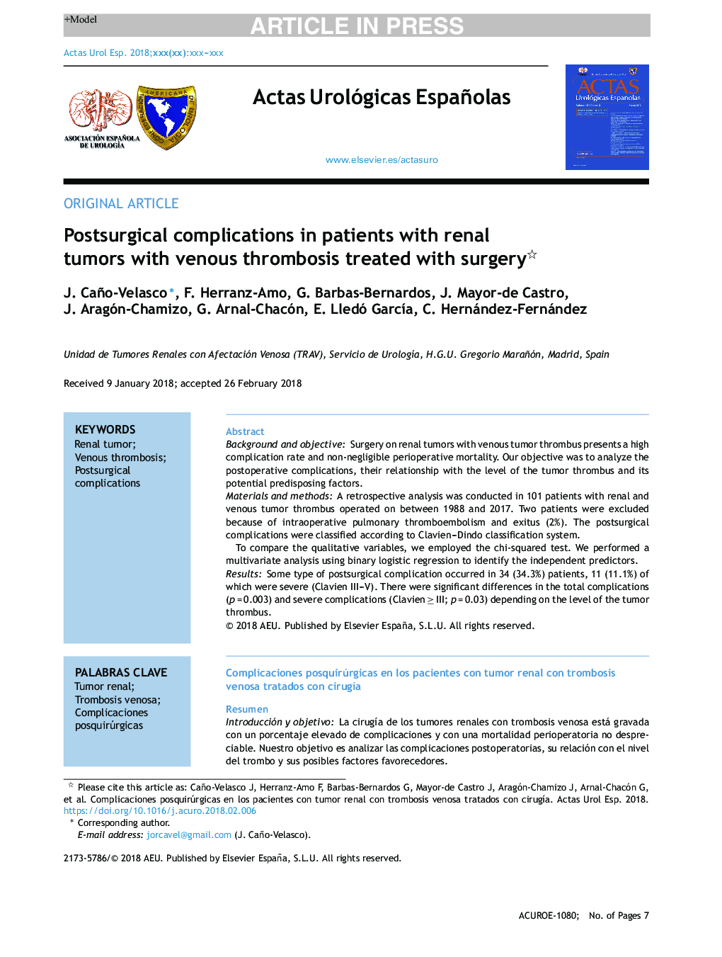 Postsurgical complications in patients with renal tumors with venous thrombosis treated with surgery