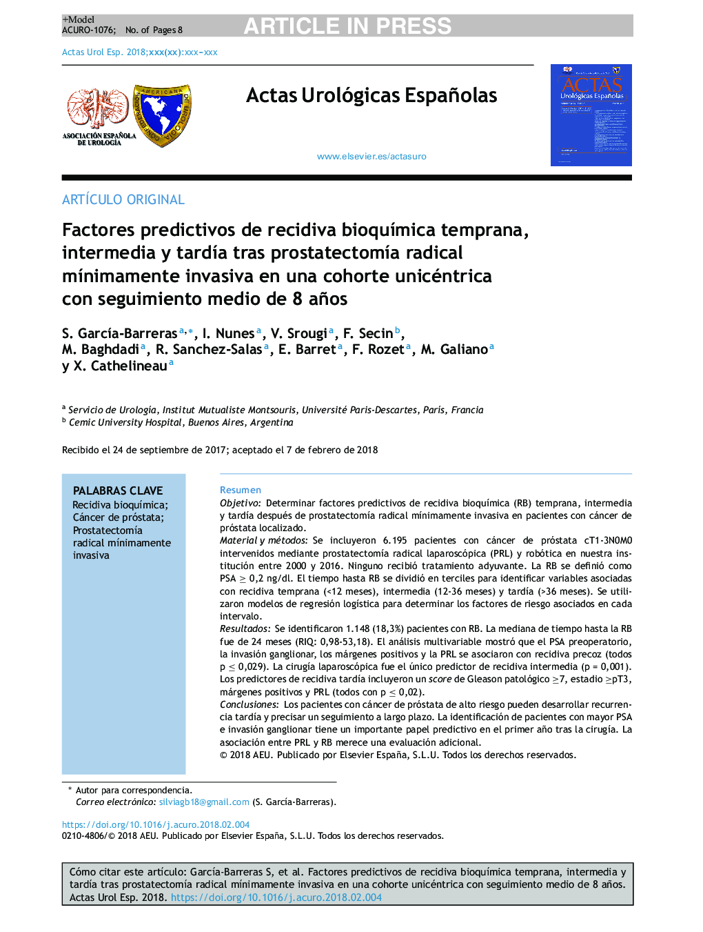 Factores predictivos de recidiva bioquÃ­mica temprana, intermedia y tardÃ­a tras prostatectomÃ­a radical mÃ­nimamente invasiva en una cohorte unicéntrica con seguimiento medio de 8 años