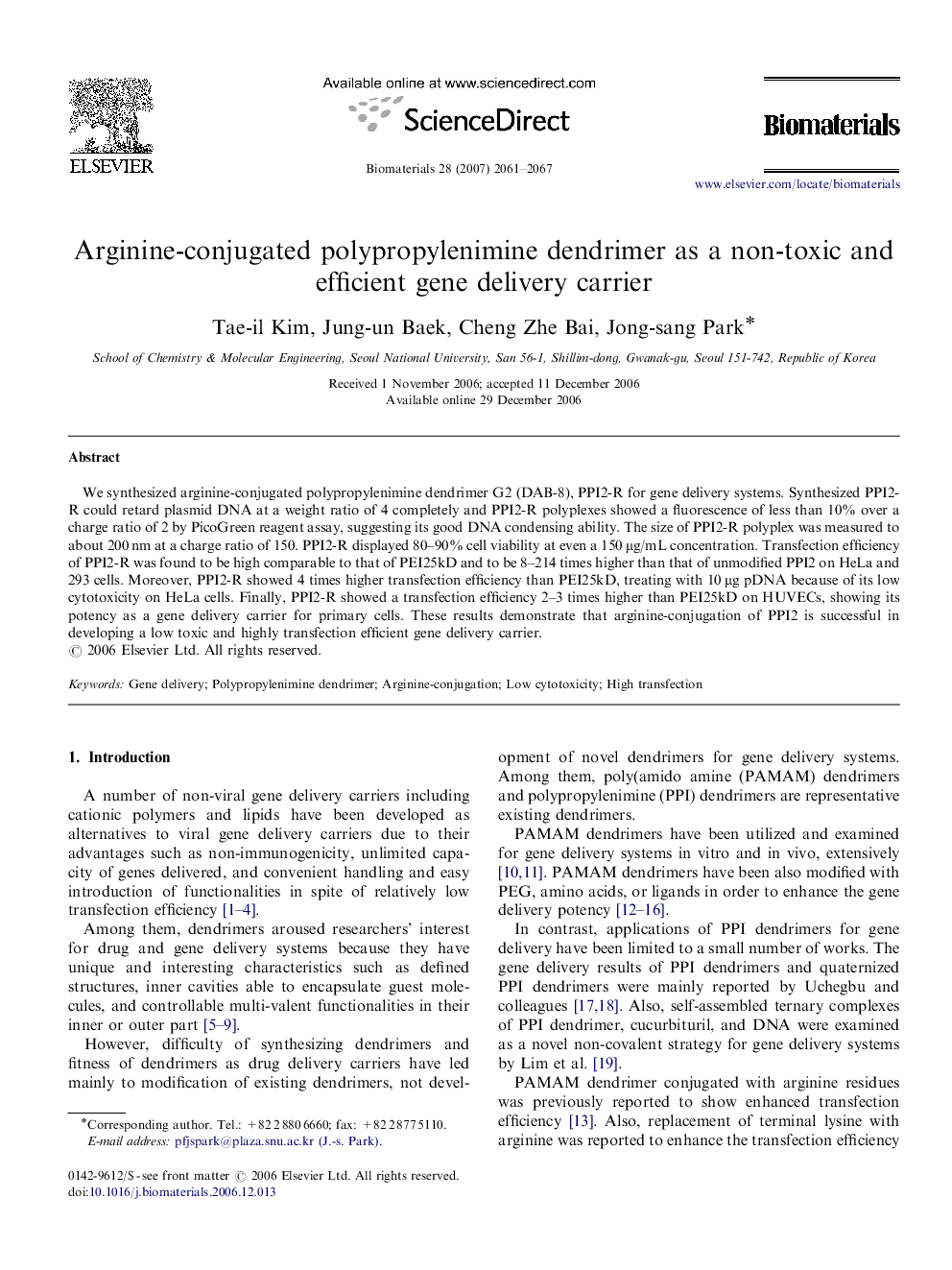 Arginine-conjugated polypropylenimine dendrimer as a non-toxic and efficient gene delivery carrier