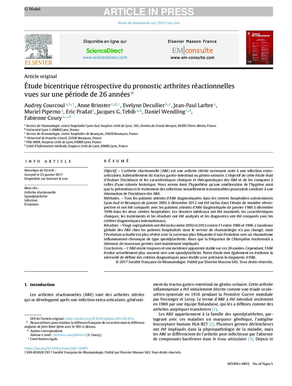 Ãtude bicentrique rétrospective du pronostic arthrites réactionnelles vues sur une période de 26 années