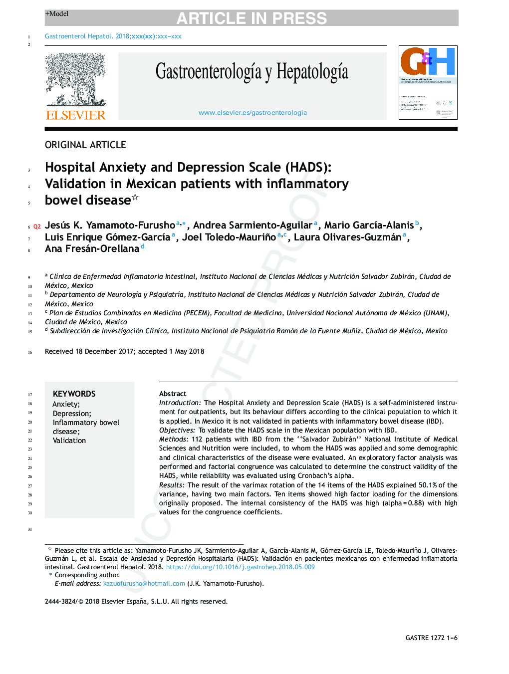 Hospital Anxiety and Depression Scale (HADS): Validation in Mexican patients with inflammatory bowel disease