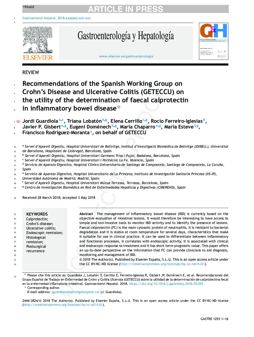 Recommendations of the Spanish Working Group on Crohn's Disease and Ulcerative Colitis (GETECCU) on the utility of the determination of faecal calprotectin in inflammatory bowel disease