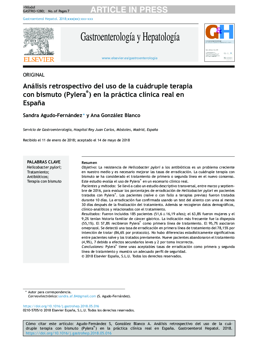 Análisis retrospectivo del uso de la cuádruple terapia con bismuto (Pylera®) en la práctica clÃ­nica real en España