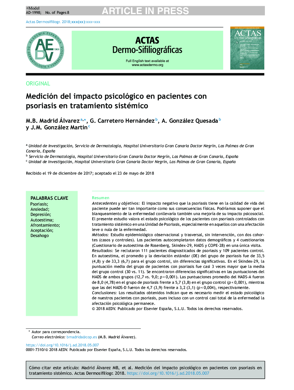 Medición del impacto psicológico en pacientes con psoriasis en tratamiento sistémico