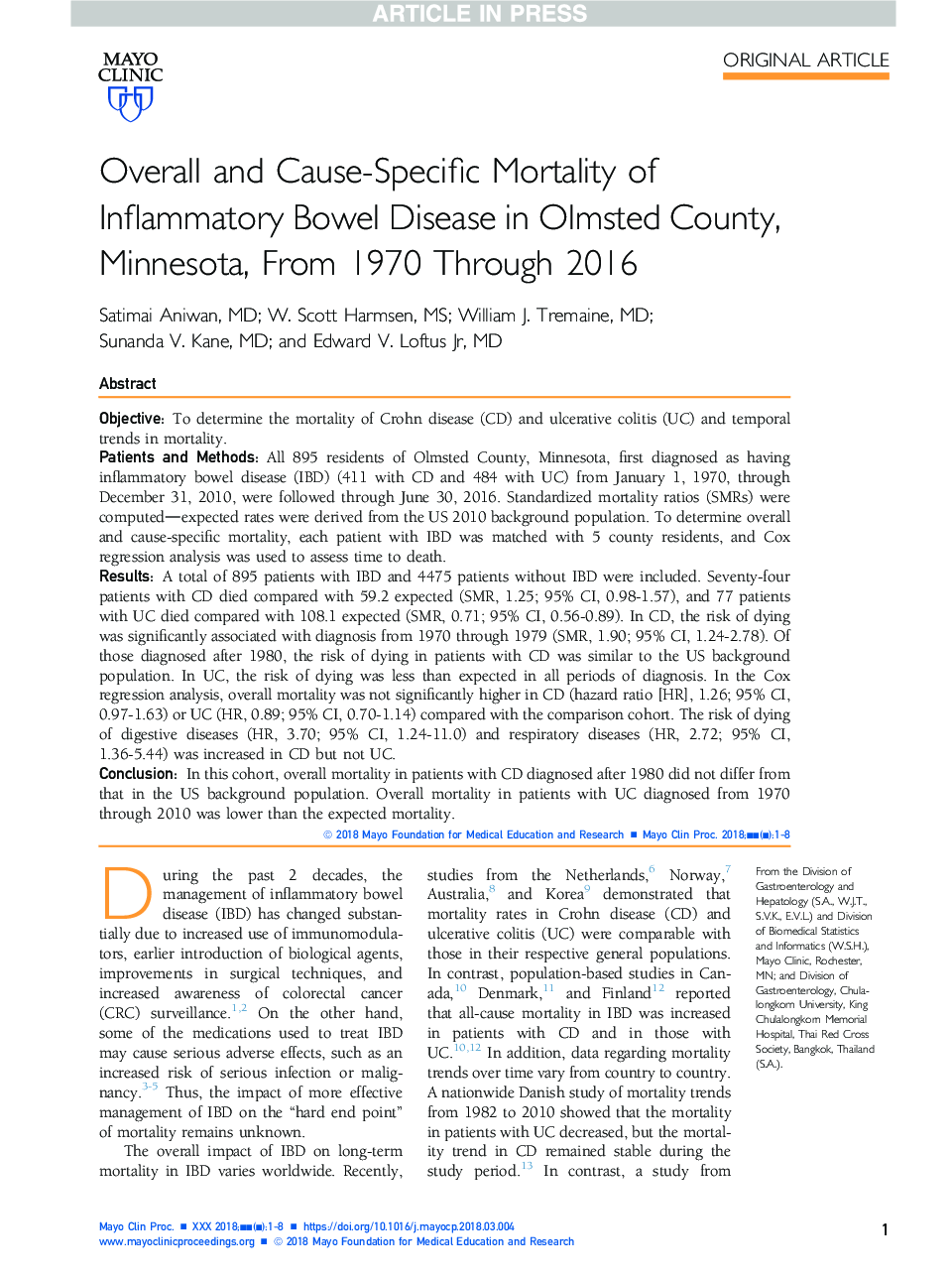 Overall and Cause-Specific Mortality of Inflammatory Bowel Disease in Olmsted County, Minnesota, From 1970 Through 2016