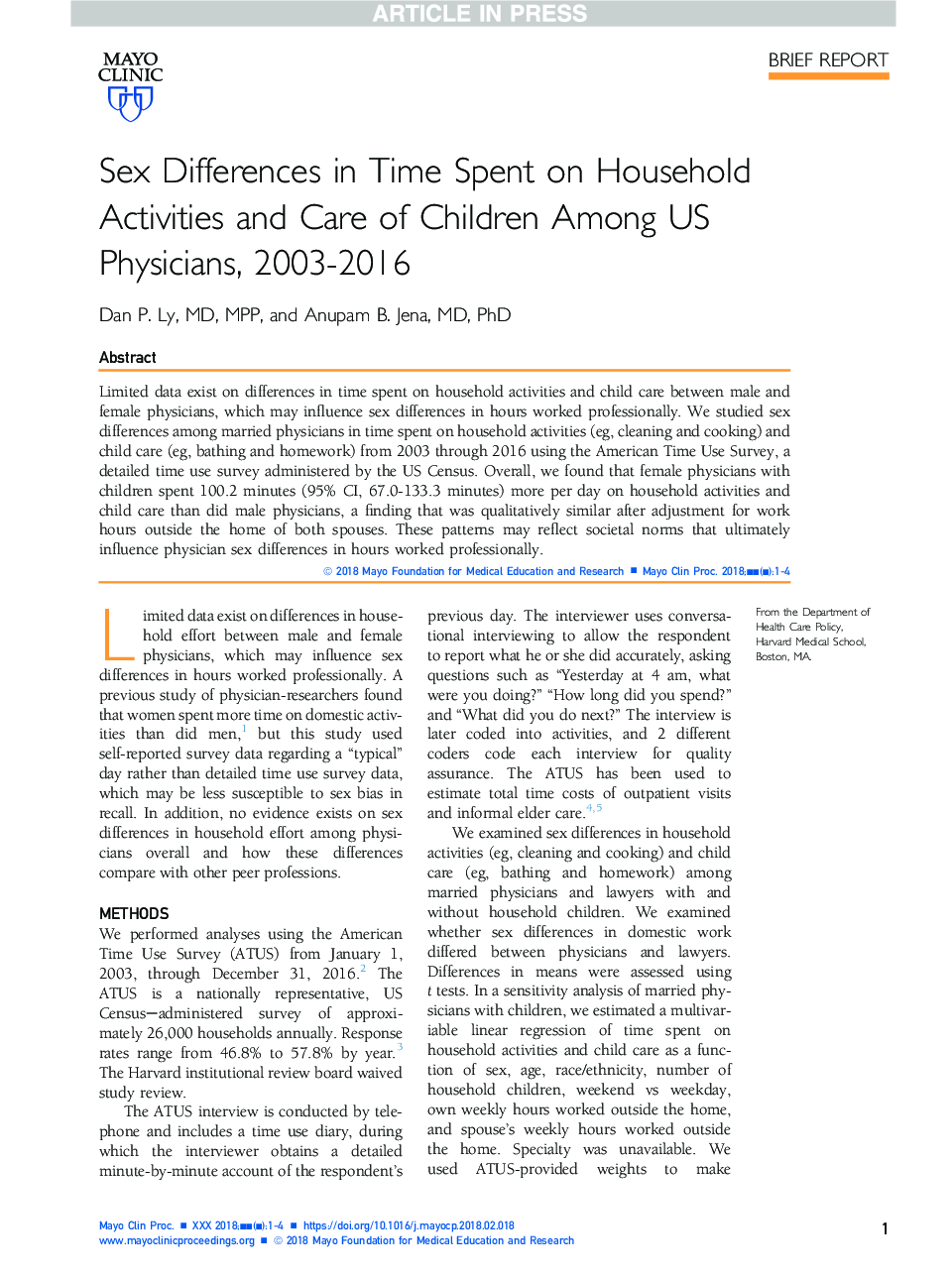 تفاوت های جنسی در زمان صرف فعالیت های خانگی و مراقبت از کودکان در میان پزشکان ایالات متحده، 2003-2016