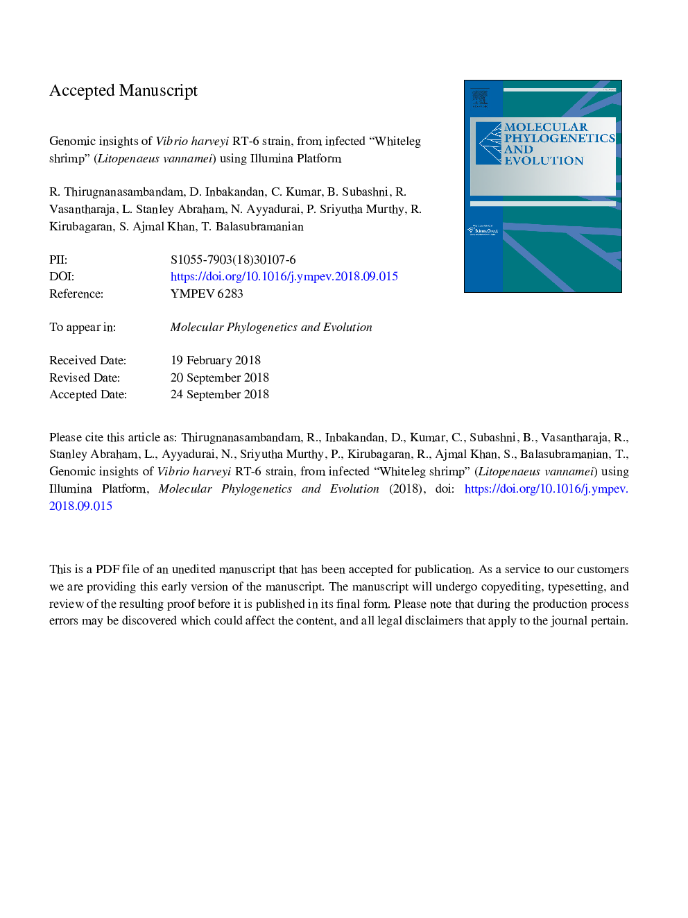 Genomic insights of Vibrio harveyi RT-6 strain, from infected “Whiteleg shrimp” (Litopenaeus vannamei) using Illumina platform