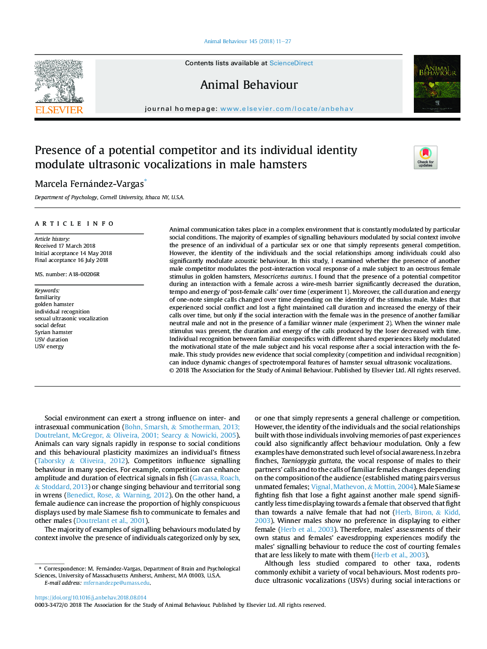 Presence of a potential competitor and its individual identity modulate ultrasonic vocalizations in male hamsters