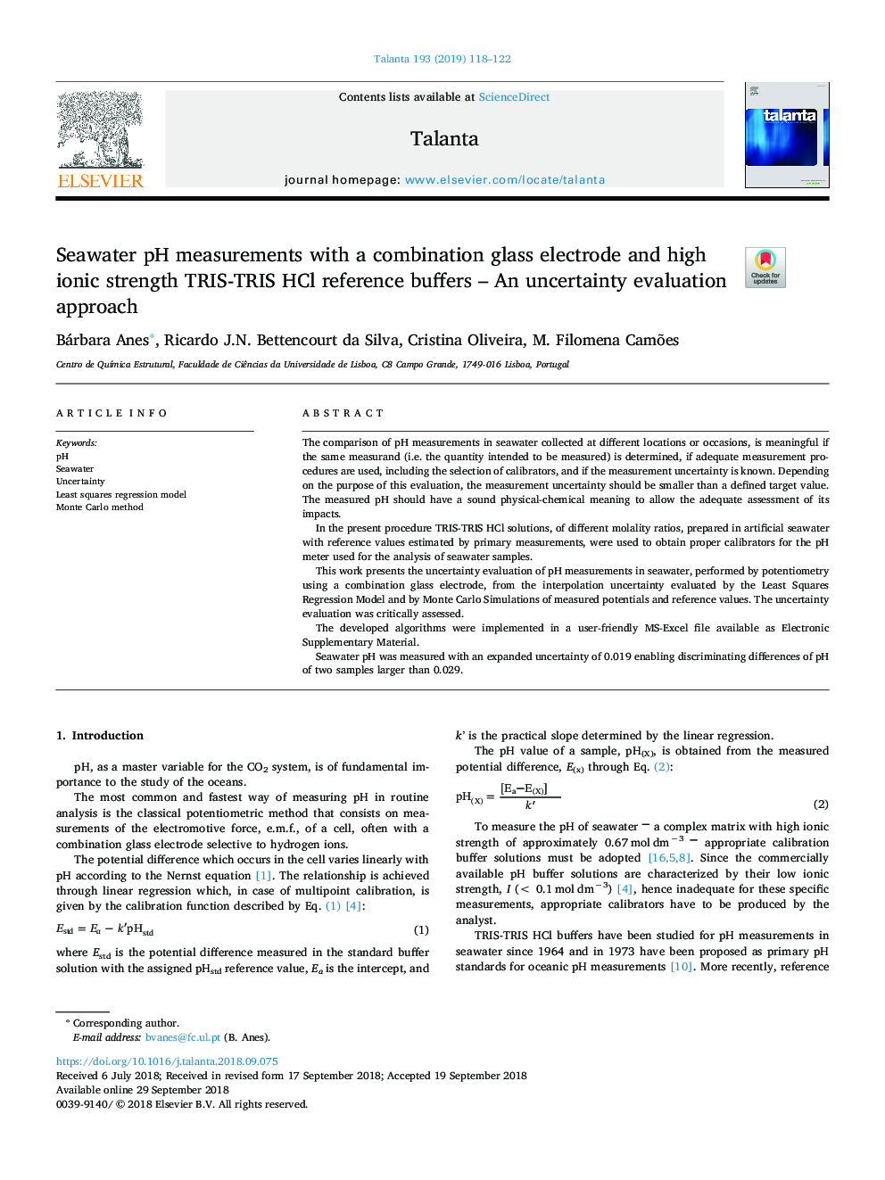 Seawater pH measurements with a combination glass electrode and high ionic strength TRIS-TRIS HCl reference buffers - An uncertainty evaluation approach