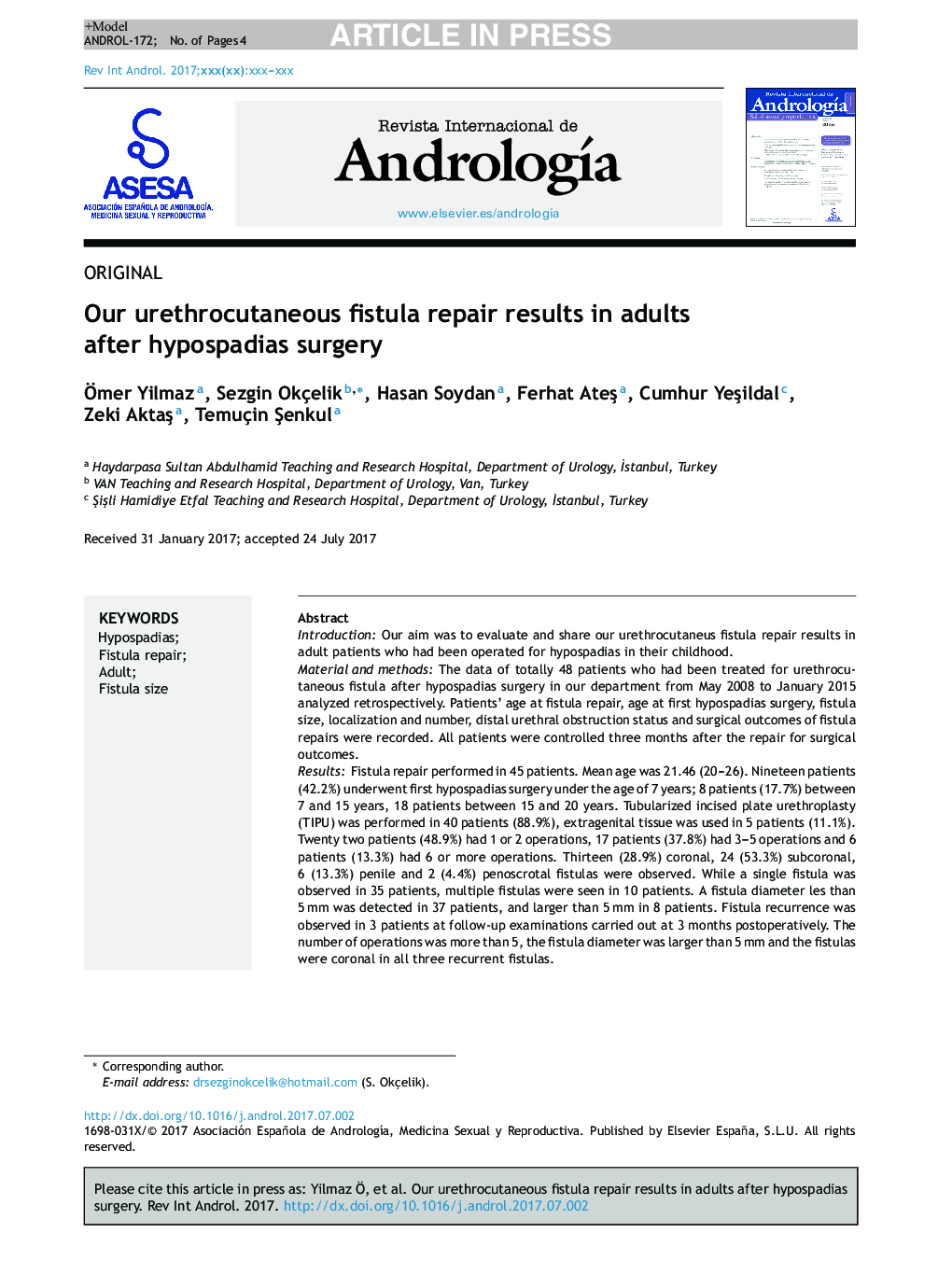 Our urethrocutaneous fistula repair results in adults after hypospadias surgery