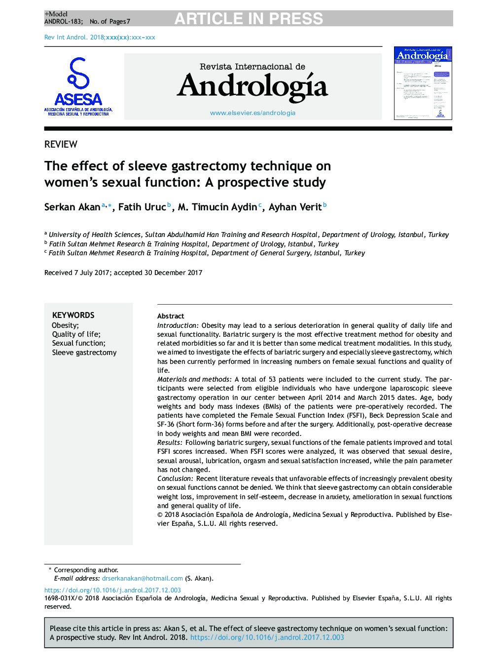 The effect of sleeve gastrectomy technique on women's sexual function: A prospective study