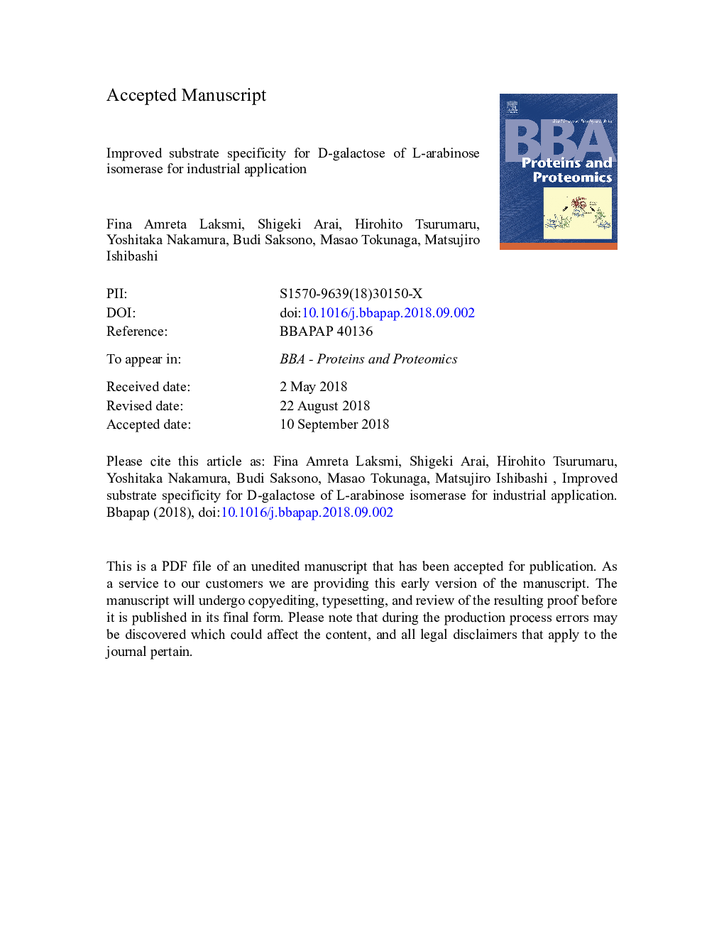 Improved substrate specificity for D-galactose of L-arabinose isomerase for industrial application