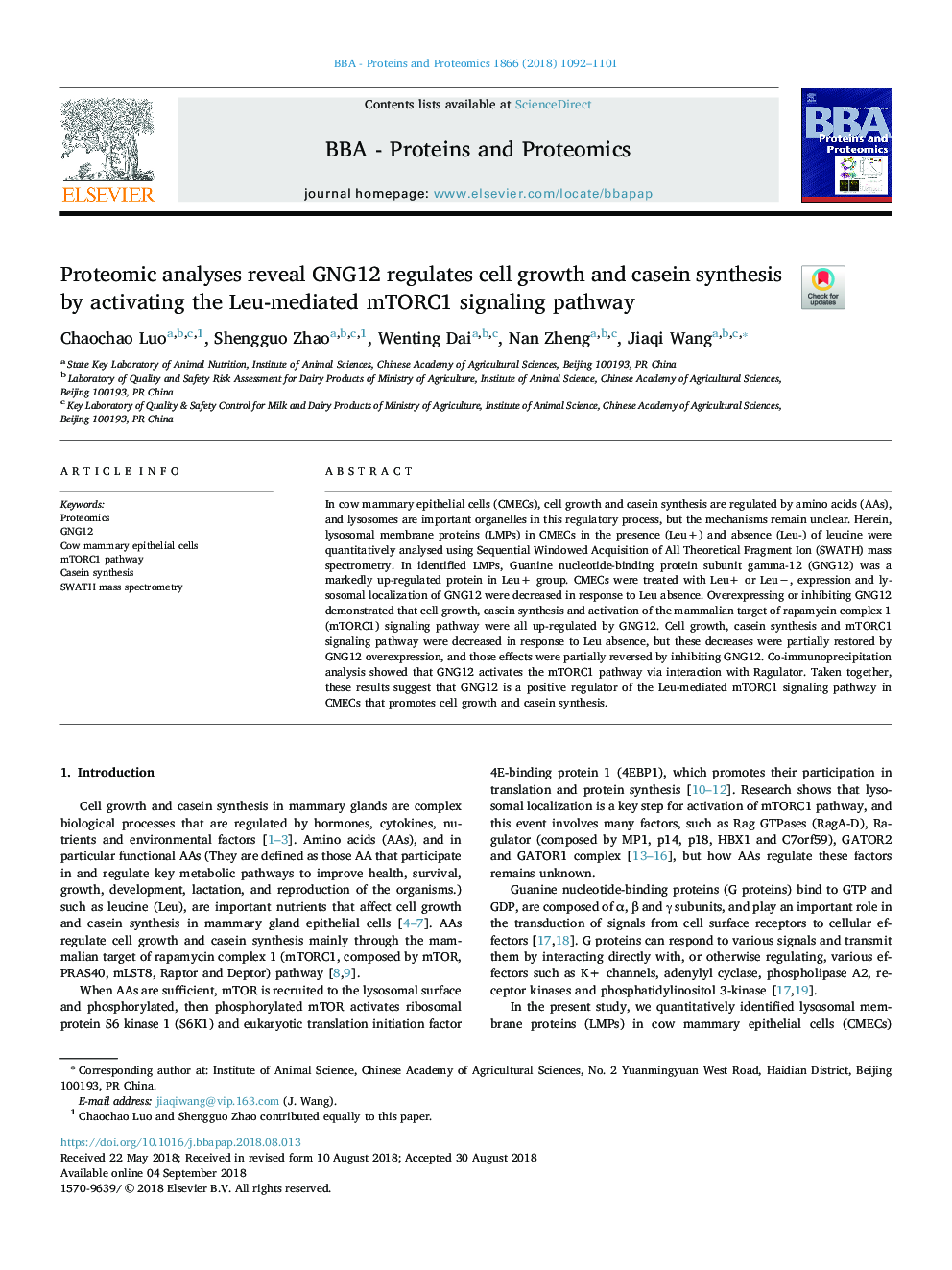 Proteomic analyses reveal GNG12 regulates cell growth and casein synthesis by activating the Leu-mediated mTORC1 signaling pathway