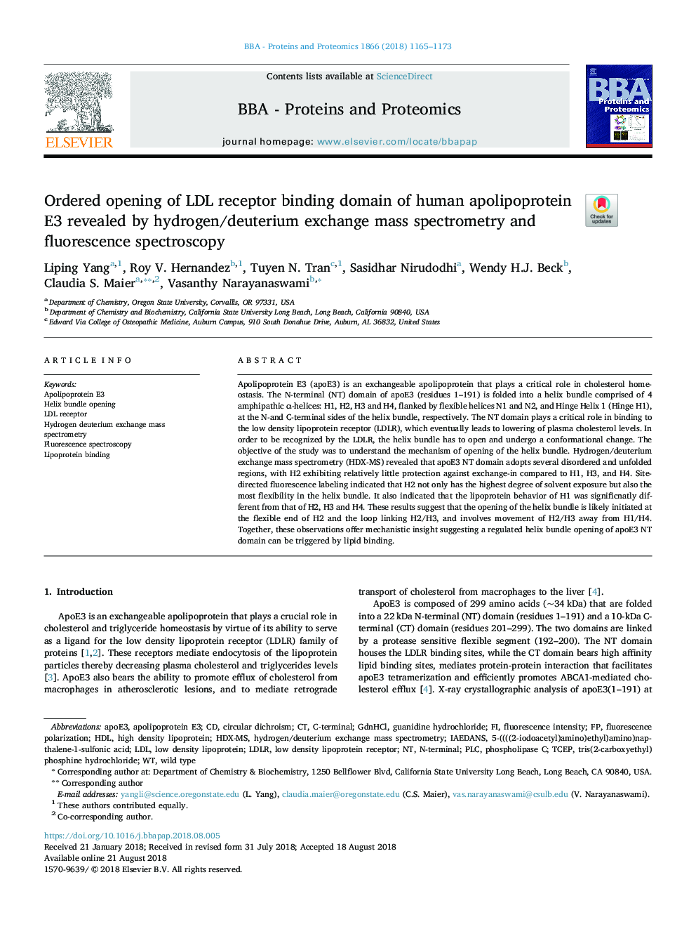 Ordered opening of LDL receptor binding domain of human apolipoprotein E3 revealed by hydrogen/deuterium exchange mass spectrometry and fluorescence spectroscopy