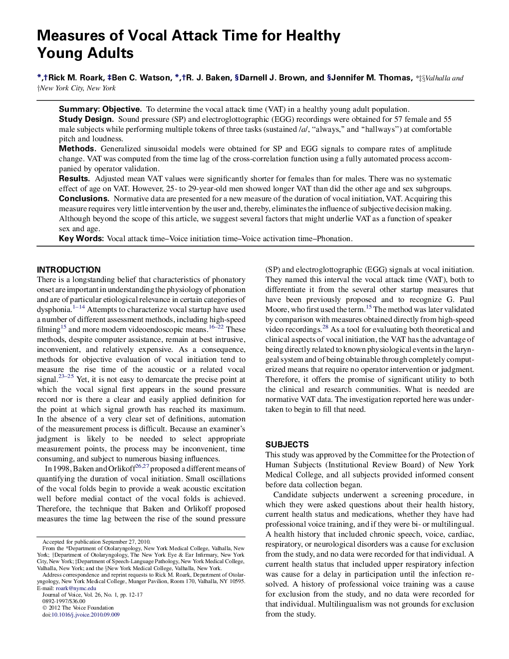 Measures of Vocal Attack Time for Healthy Young Adults