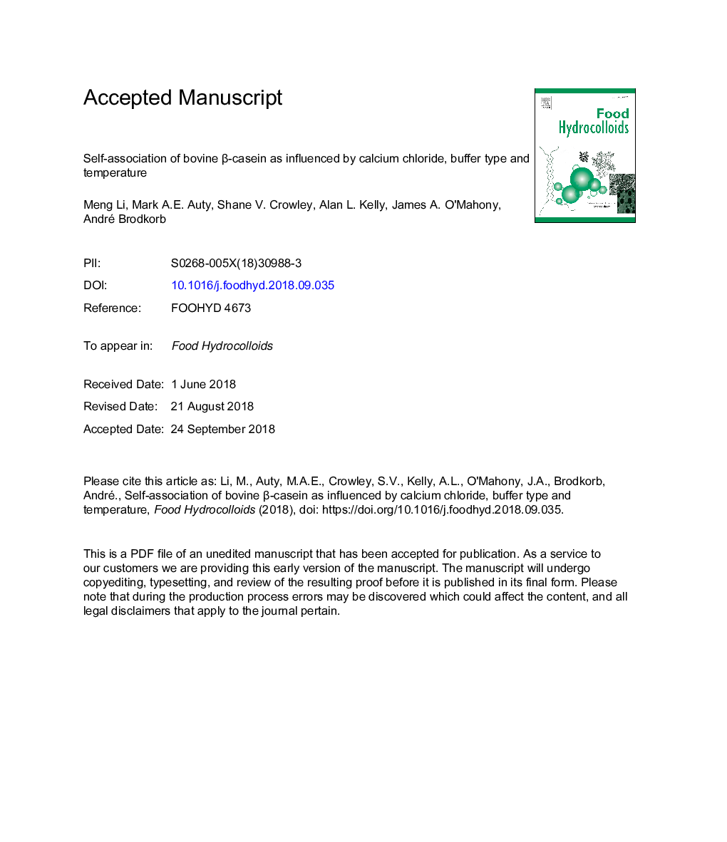 Self-association of bovine Î²-casein as influenced by calcium chloride, buffer type and temperature