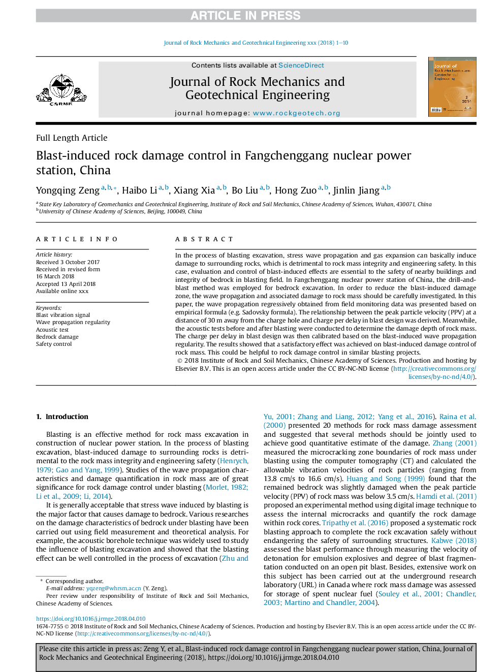 Blast-induced rock damage control in Fangchenggang nuclear power station, China