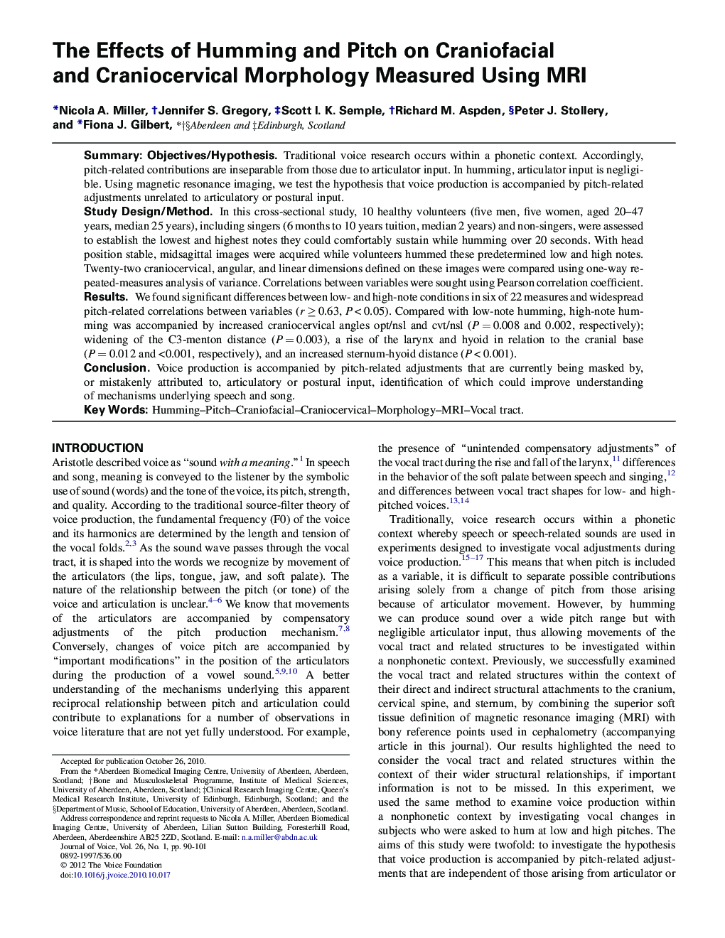 The Effects of Humming and Pitch on Craniofacial and Craniocervical Morphology Measured Using MRI