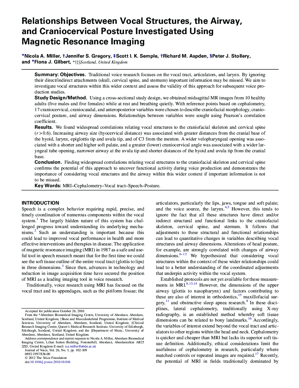 Relationships Between Vocal Structures, the Airway, and Craniocervical Posture Investigated Using Magnetic Resonance Imaging