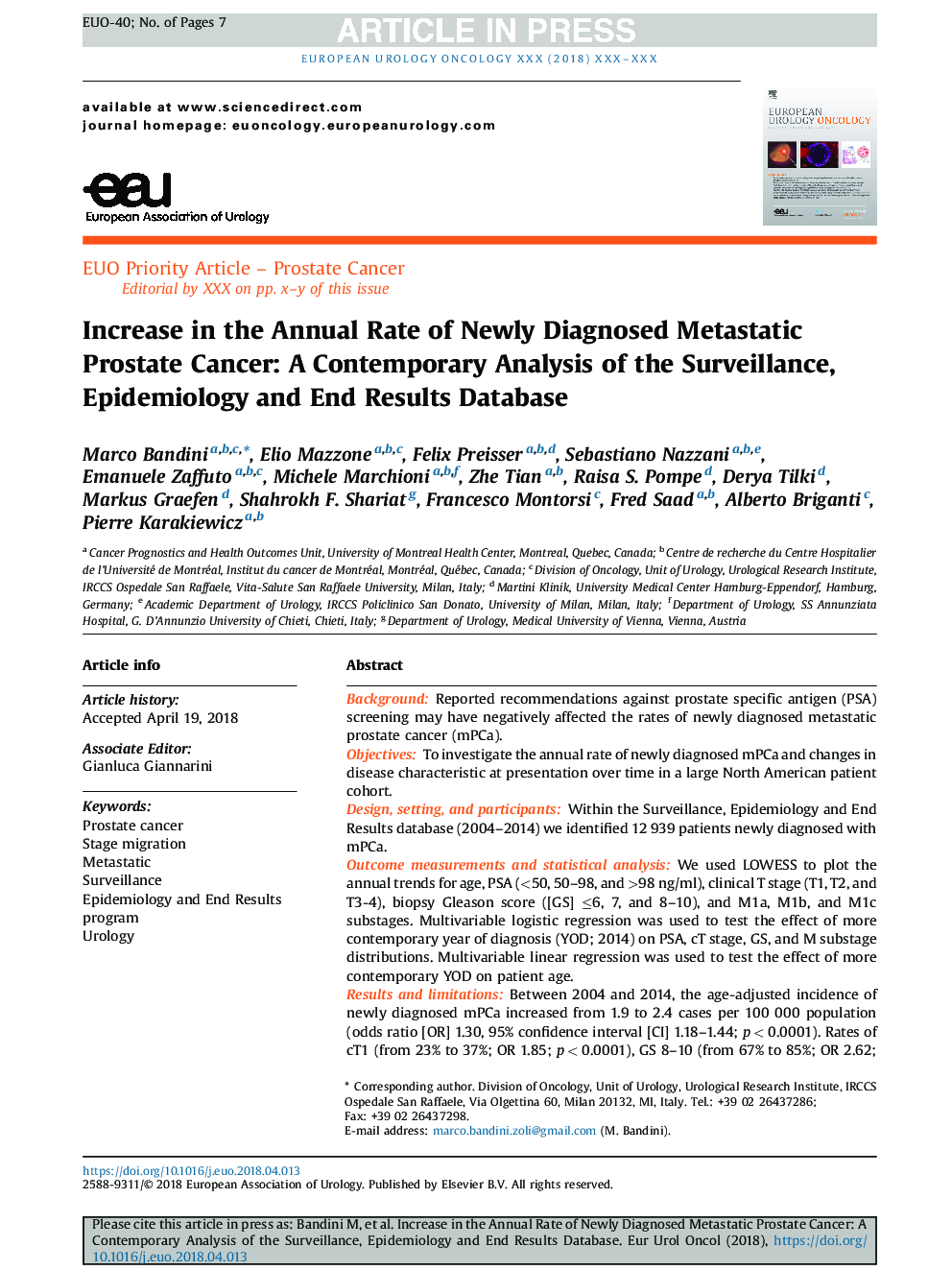 Increase in the Annual Rate of Newly Diagnosed Metastatic Prostate Cancer: A Contemporary Analysis of the Surveillance, Epidemiology and End Results Database