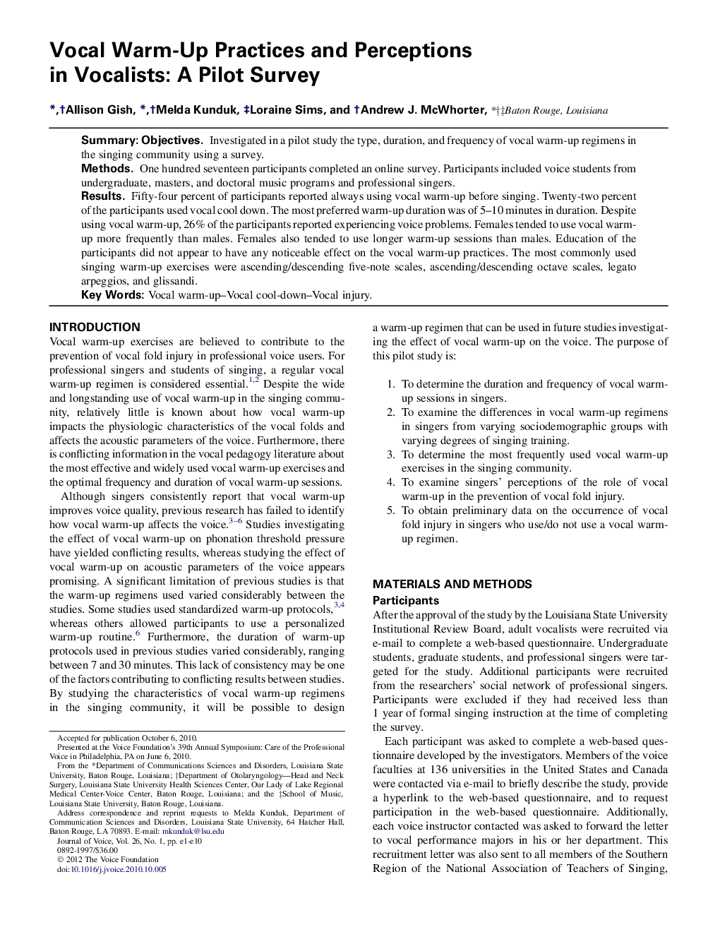 Vocal Warm-Up Practices and Perceptions in Vocalists: A Pilot Survey