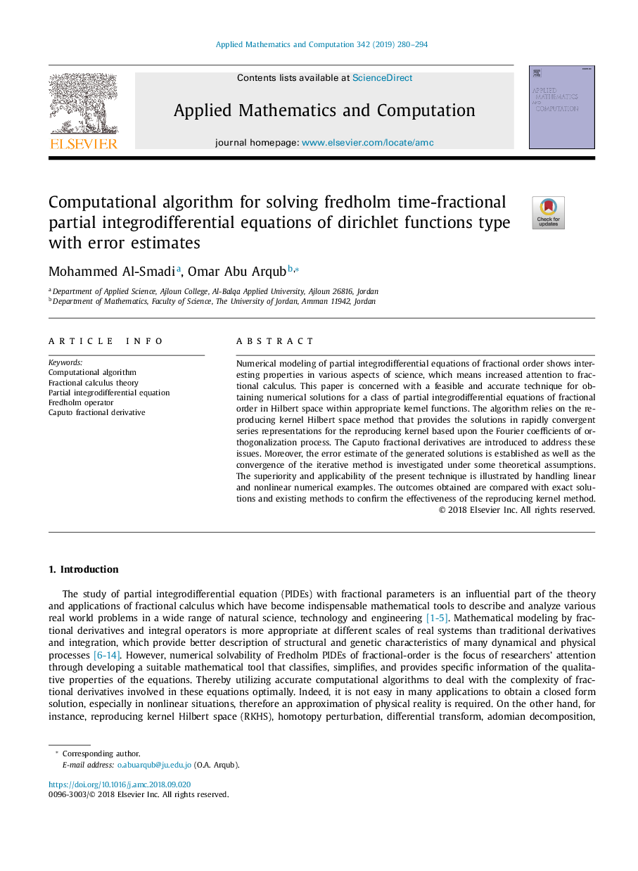 Computational algorithm for solving fredholm time-fractional partial integrodifferential equations of dirichlet functions type with error estimates