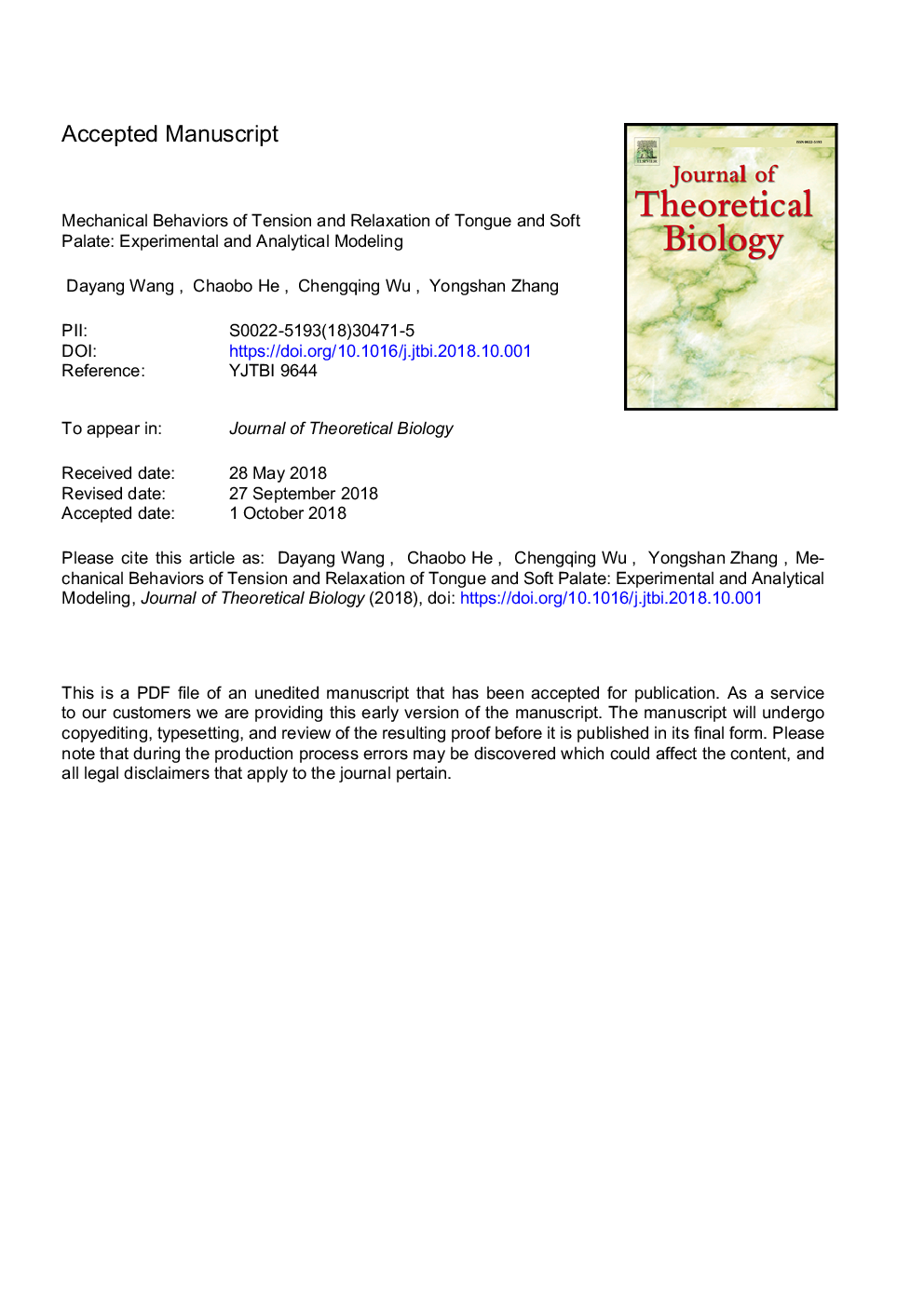 Mechanical behaviors of tension and relaxation of tongue and soft palate: Experimental and analytical modeling