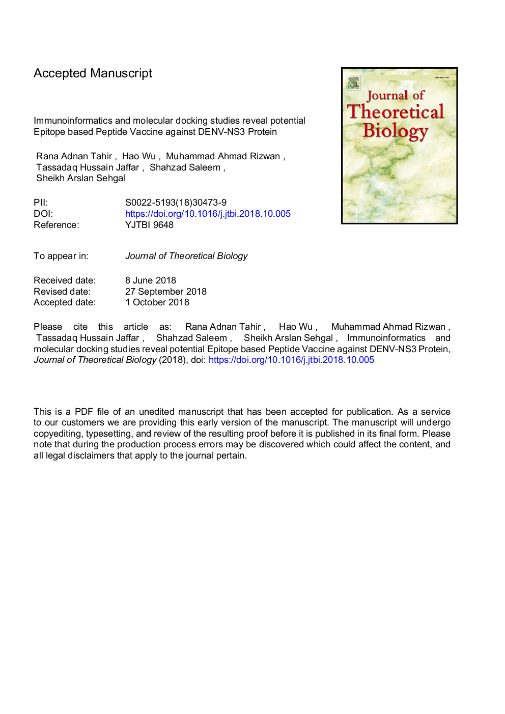 عکس صفحه اول مقاله: Immunoinformatics and molecular docking studies reveal potential epitope-based peptide vaccine against DENV-NS3 protein Immunoinformatics and molecular docking studies reveal potential epitope-based peptide vaccine against DENV-NS3 protein