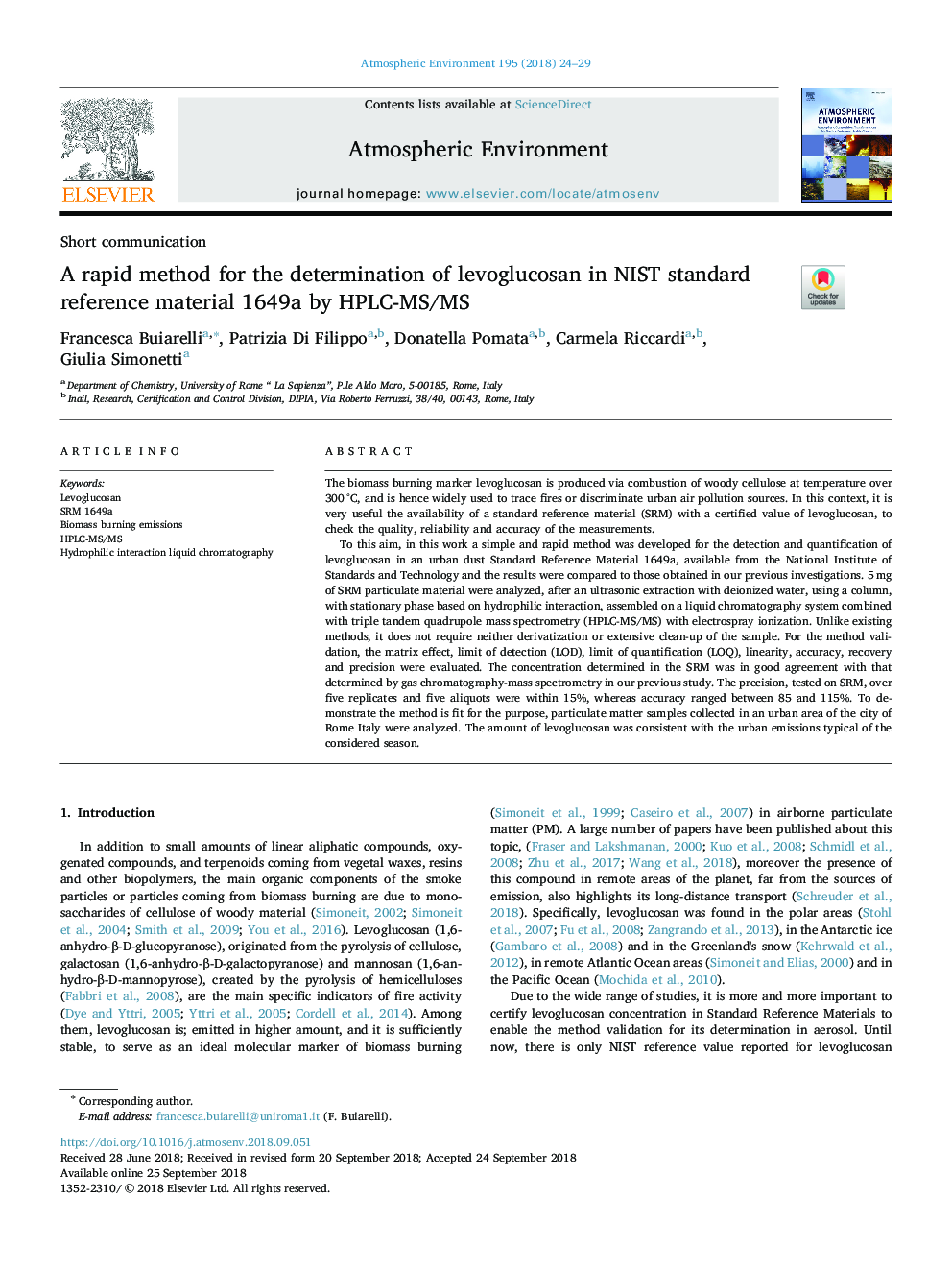 A rapid method for the determination of levoglucosan in NIST standard reference material 1649a by HPLC-MS/MS