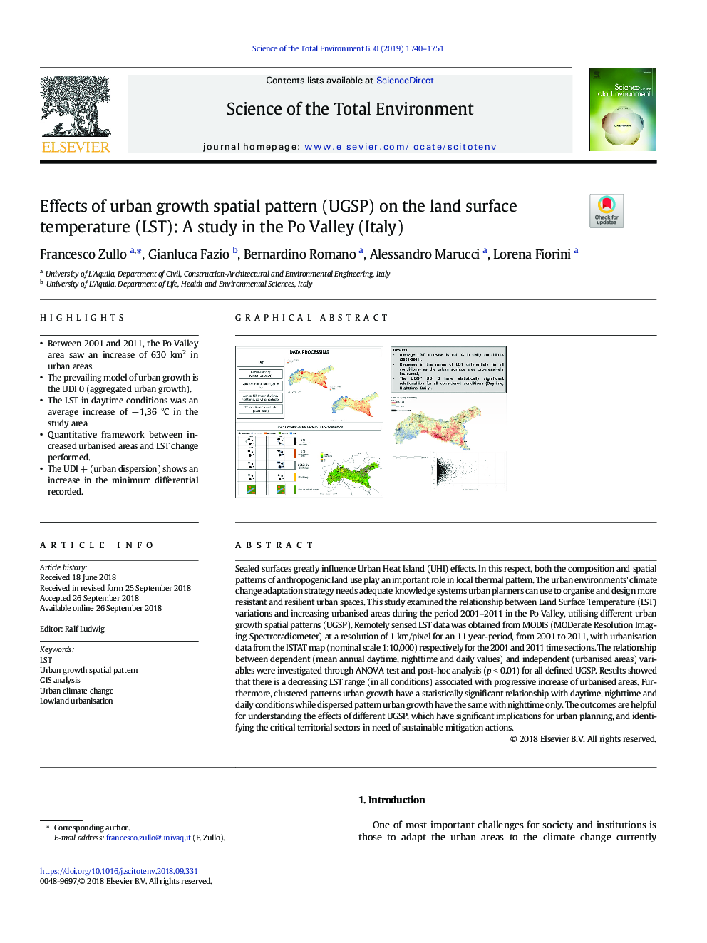 Effects of urban growth spatial pattern (UGSP) on the land surface temperature (LST): A study in the Po Valley (Italy)