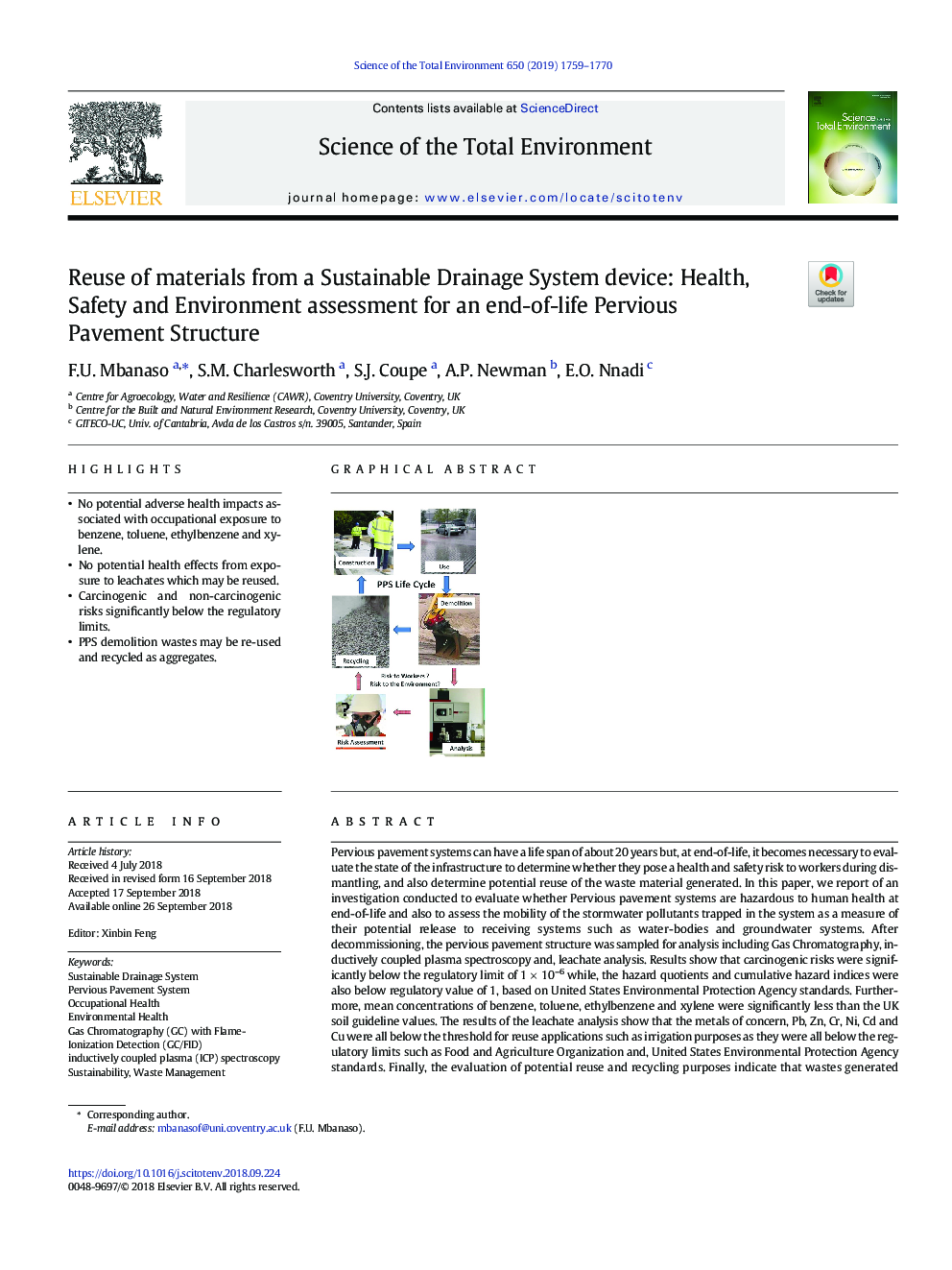 Reuse of materials from a Sustainable Drainage System device: Health, Safety and Environment assessment for an end-of-life Pervious Pavement Structure