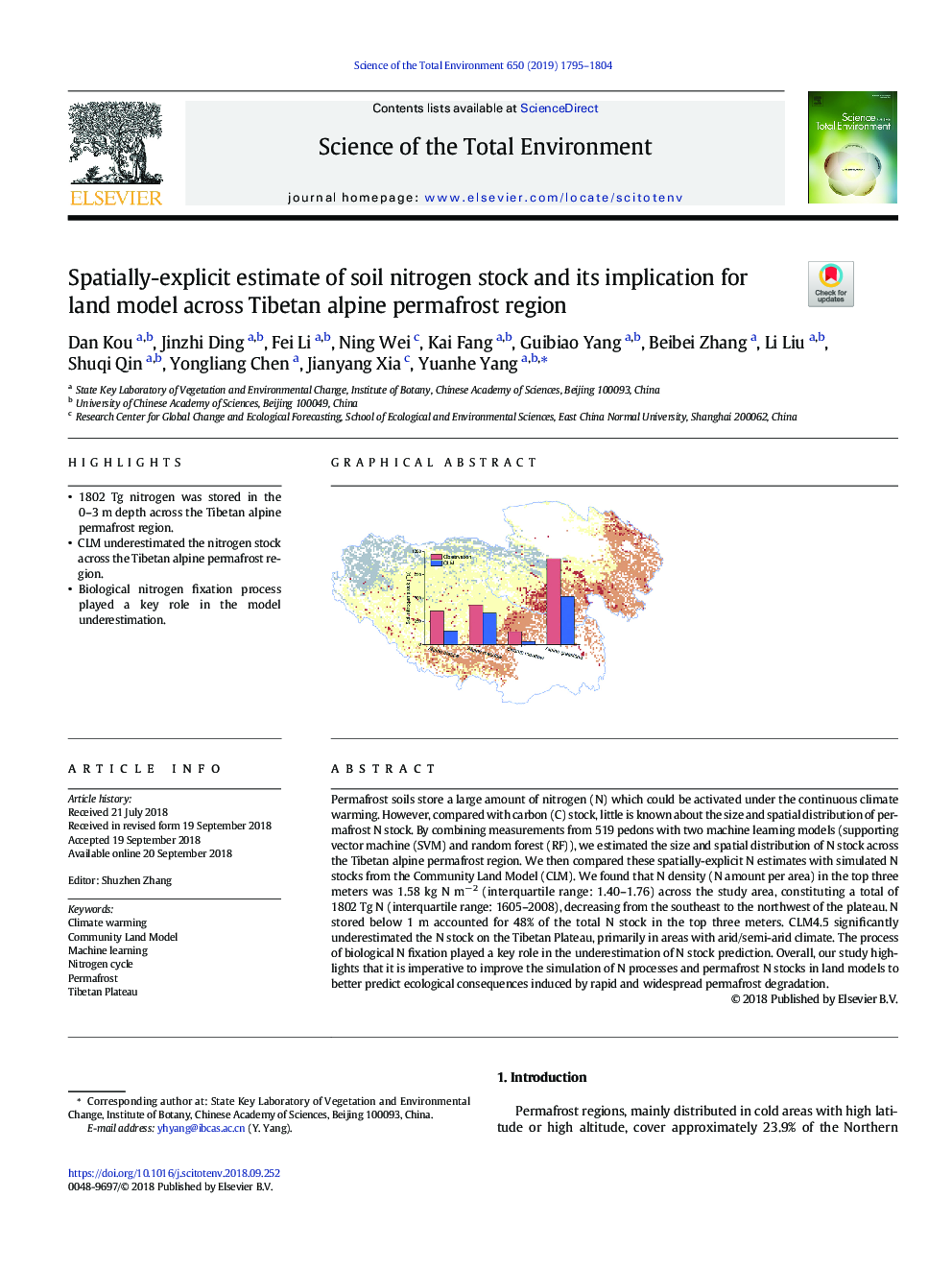 Spatially-explicit estimate of soil nitrogen stock and its implication for land model across Tibetan alpine permafrost region