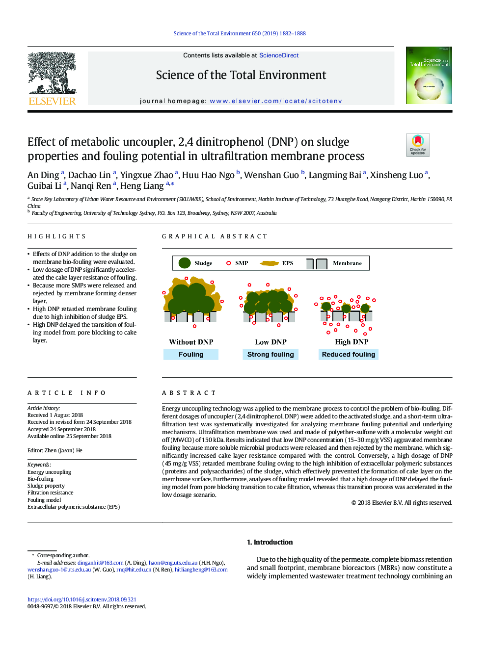 Effect of metabolic uncoupler, 2,4âdinitrophenol (DNP) on sludge properties and fouling potential in ultrafiltration membrane process