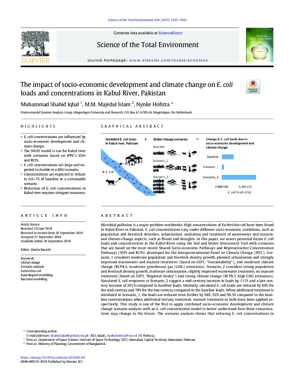 The impact of socio-economic development and climate change on E. coli loads and concentrations in Kabul River, Pakistan