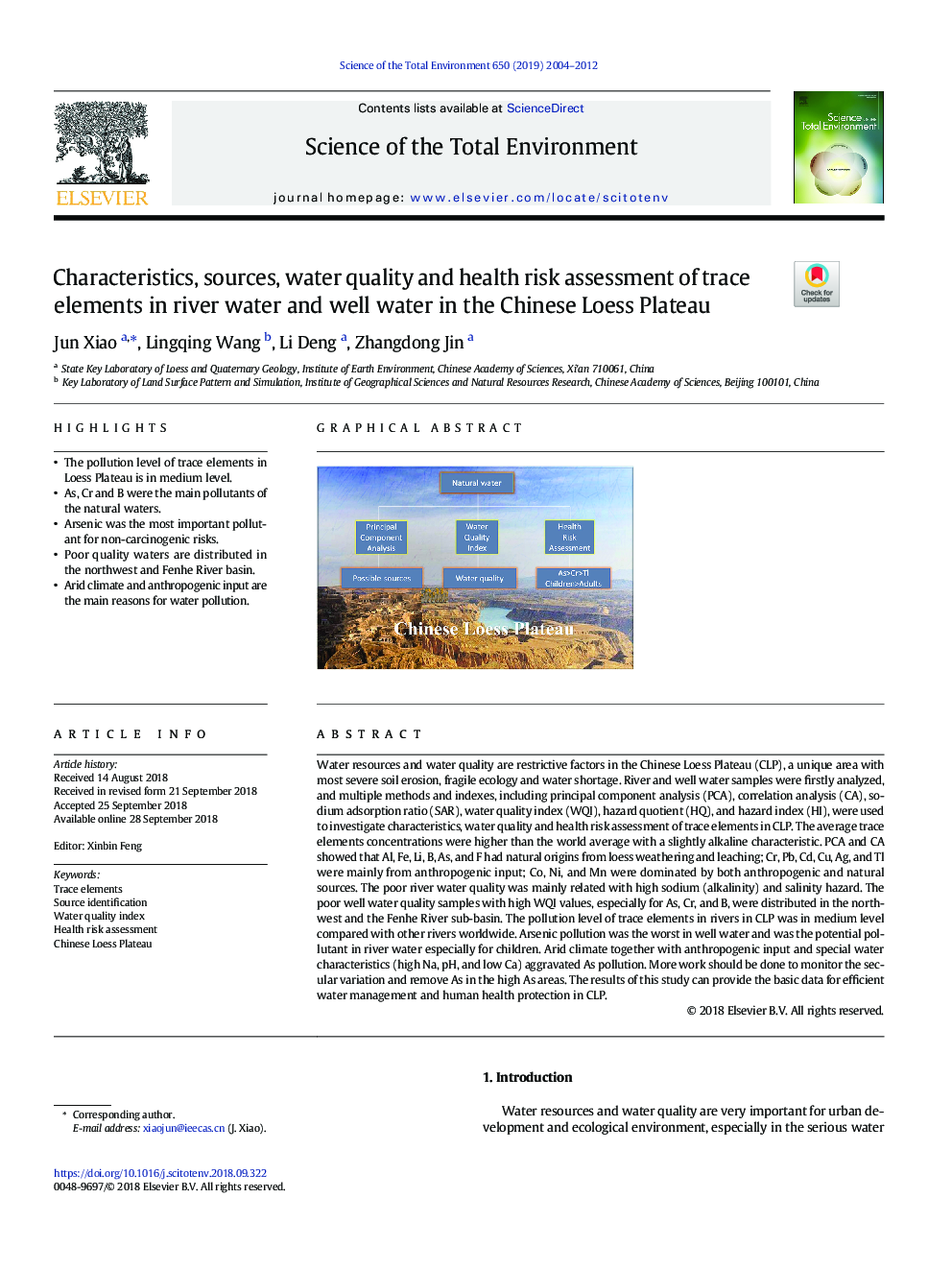 Characteristics, sources, water quality and health risk assessment of trace elements in river water and well water in the Chinese Loess Plateau
