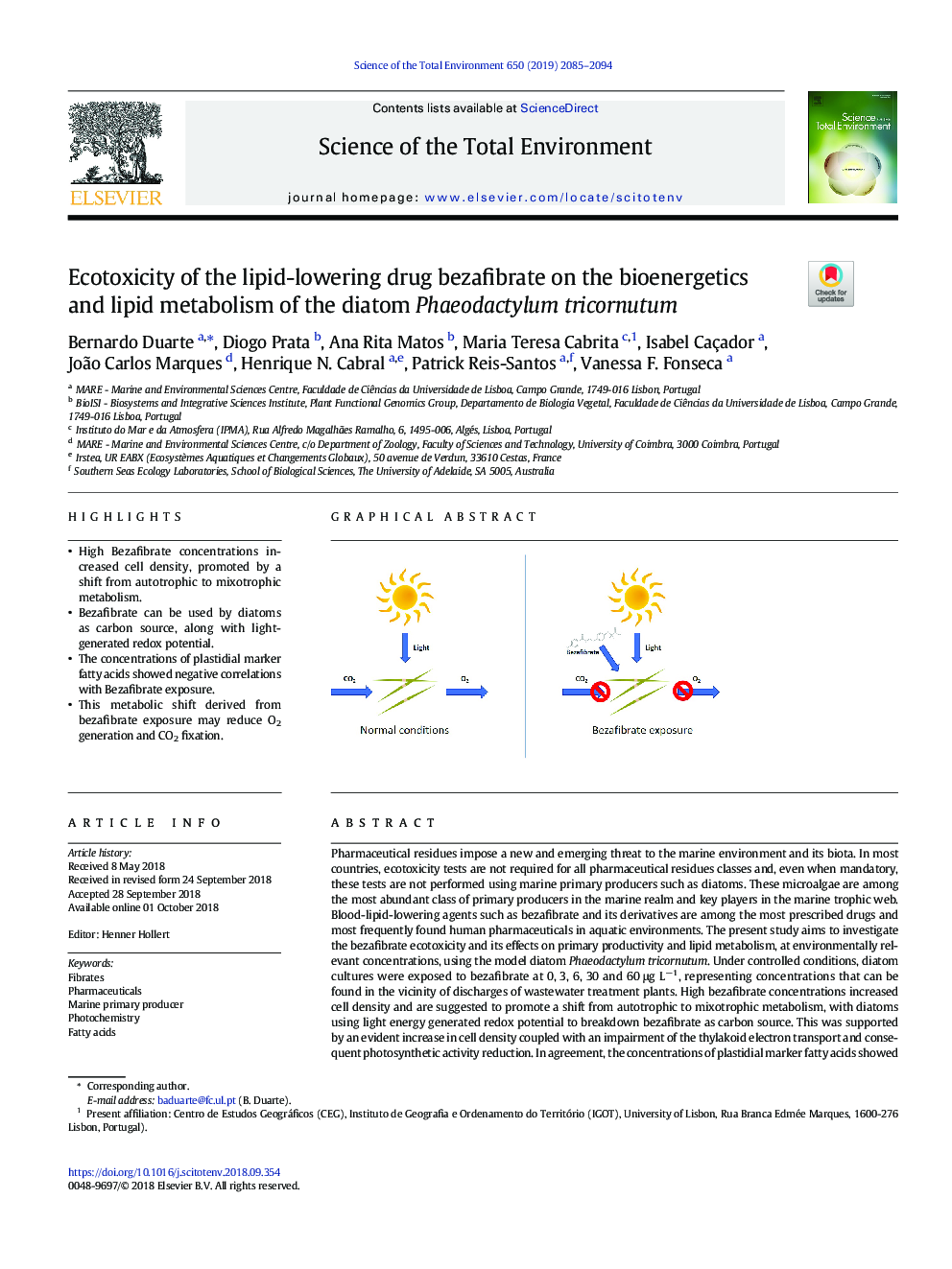 Ecotoxicity of the lipid-lowering drug bezafibrate on the bioenergetics and lipid metabolism of the diatom Phaeodactylum tricornutum