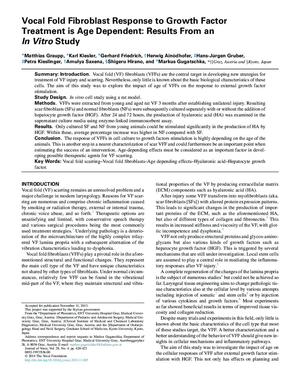 Vocal Fold Fibroblast Response to Growth Factor Treatment is Age Dependent: Results From an In Vitro Study 