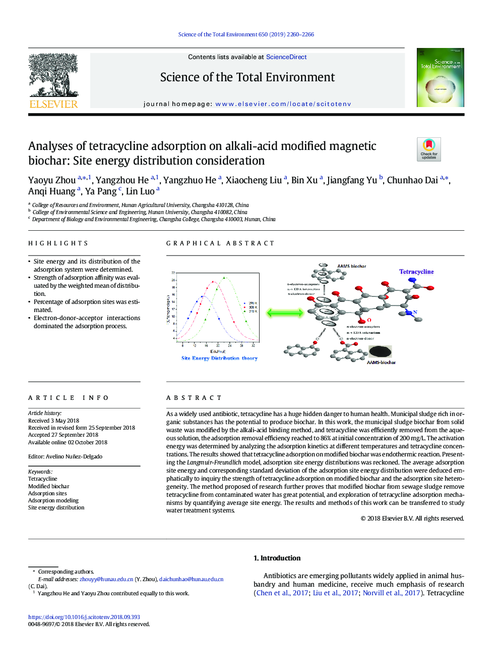 Analyses of tetracycline adsorption on alkali-acid modified magnetic biochar: Site energy distribution consideration