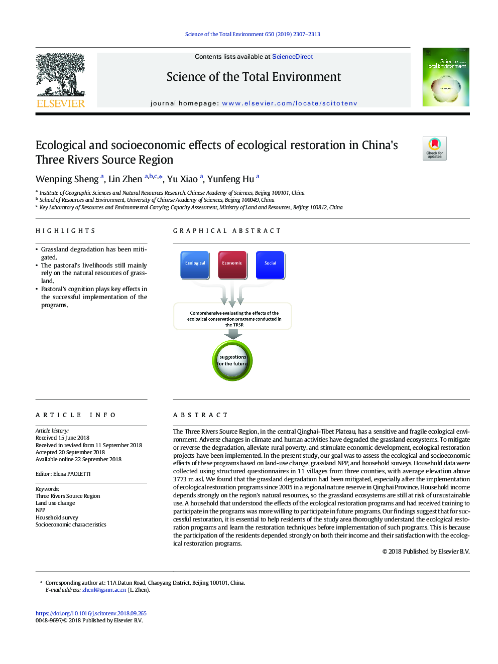 Ecological and socioeconomic effects of ecological restoration in China's Three Rivers Source Region