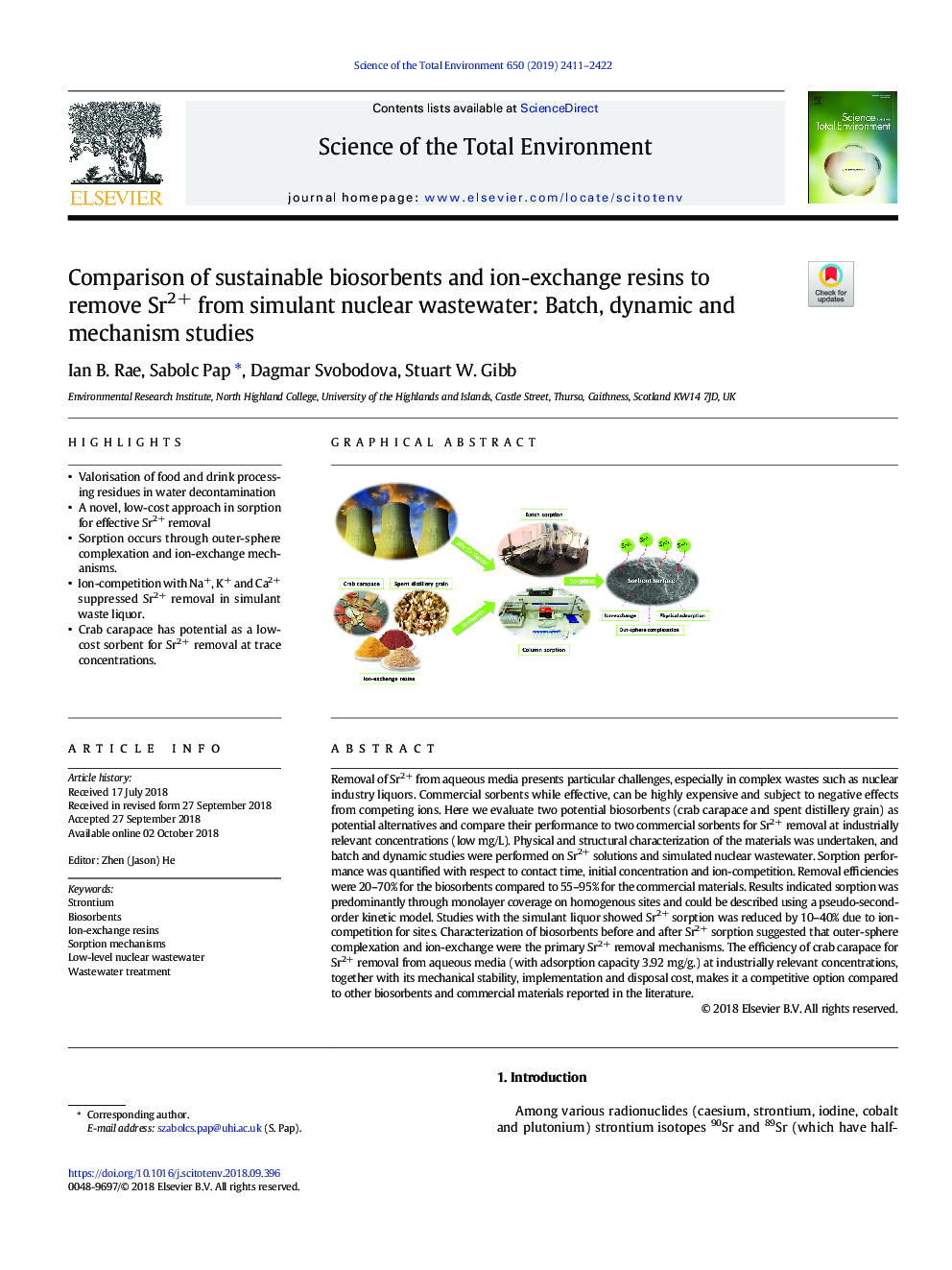 عکس صفحه اول مقاله: Comparison of sustainable biosorbents and ion-exchange resins to remove Sr2+ from simulant nuclear wastewater: Batch, dynamic and mechanism studies Comparison of sustainable biosorbents and ion-exchange resins to remove Sr2+ from simulant nuclear wastewater: Batch, dynamic and mechanism studies